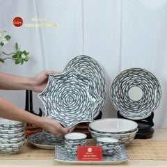 Bộ Bàn Ăn 10 Người (22 món) Men Trắng Vẽ Cá Đàn