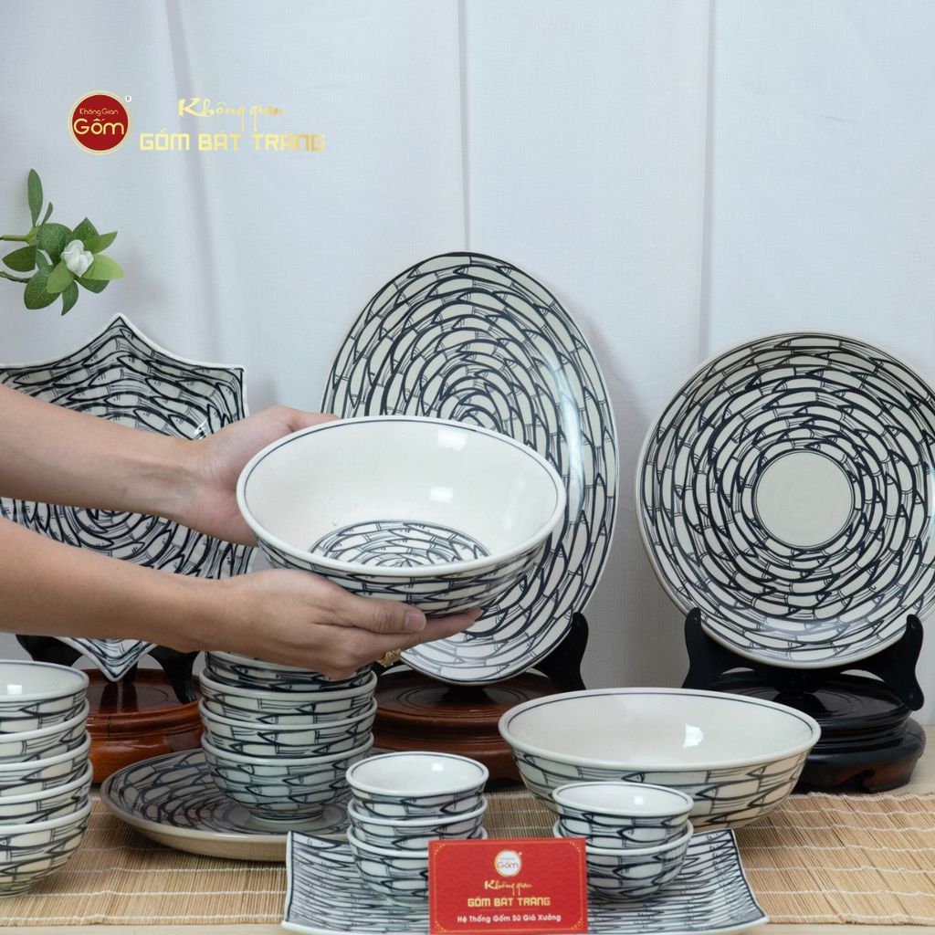 Bộ Bàn Ăn 4 Người (10 món) Men Trắng Vẽ Cá Đàn