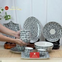 Bộ Bát Đĩa Bát Tràng Men Trắng Vẽ Cá Đàn
