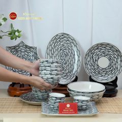Bộ Bàn Ăn 4 Người (10 món) Men Trắng Vẽ Cá Đàn