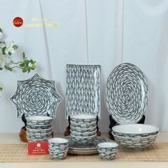 Bộ Bàn Ăn 10 Người (22 món) Men Trắng Vẽ Cá Đàn