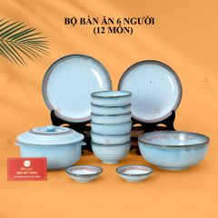 Bộ Bát Đĩa Bát Tràng Men Biển Xanh Kim Sa
