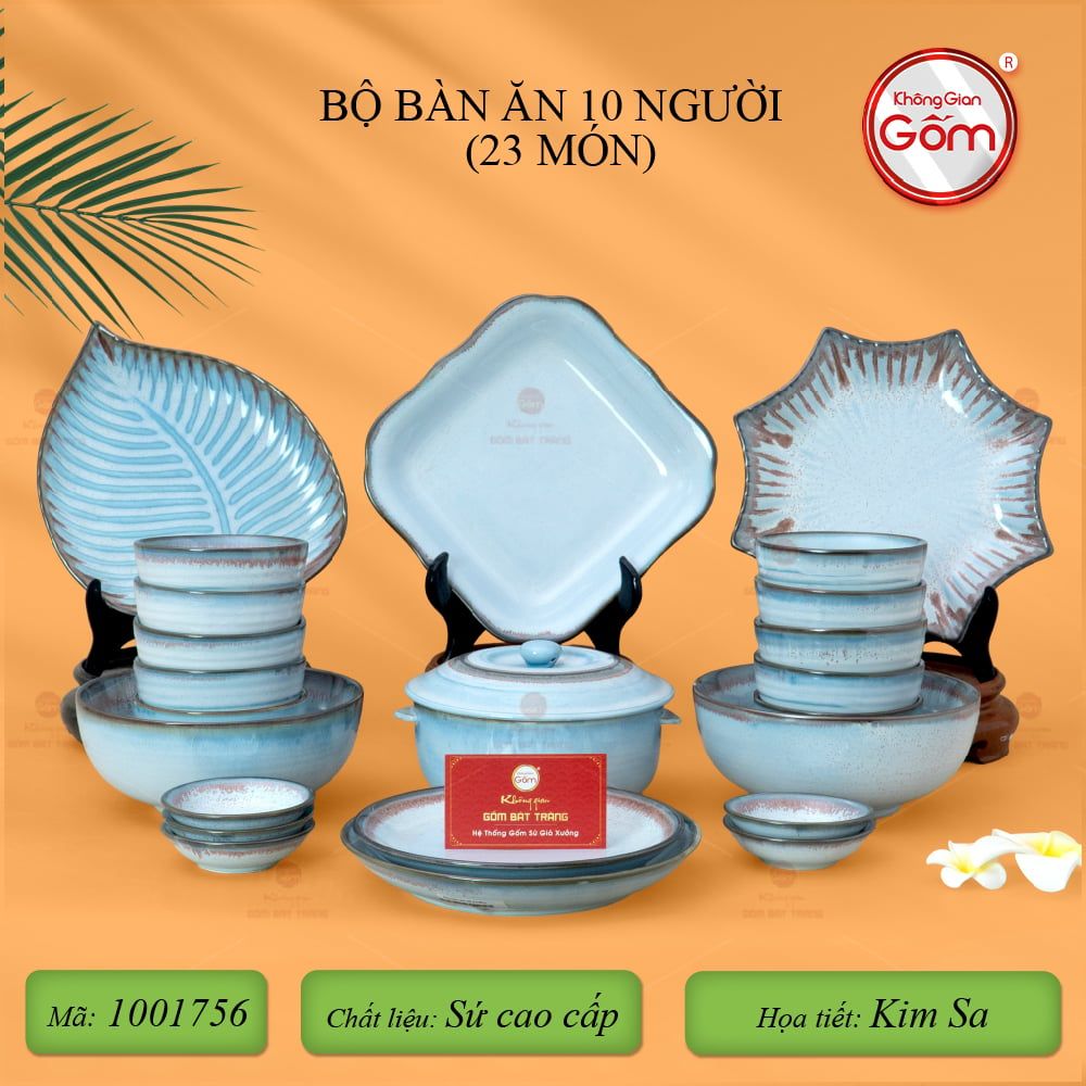 Bộ Bát Đĩa Bát Tràng Men Biển Xanh Kim Sa