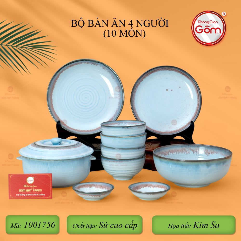 Bộ Bát Đĩa Bát Tràng Men Biển Xanh Kim Sa