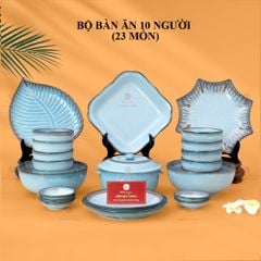 Bộ Bát Đĩa Bát Tràng Men Biển Xanh Kim Sa