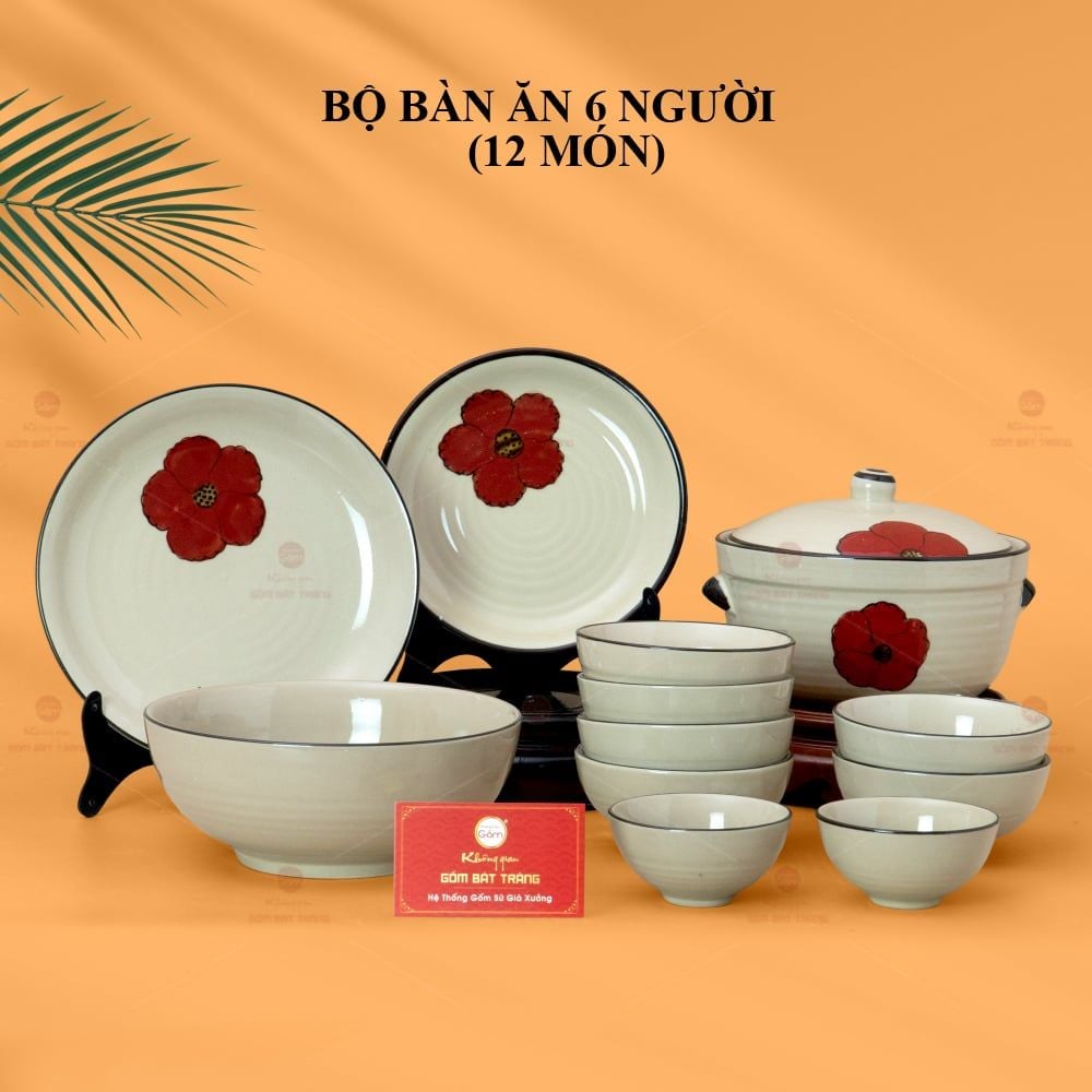 Bộ Bàn Ăn 6 Người (12 món) Men Hoả Biến Hoa Sứ Đỏ