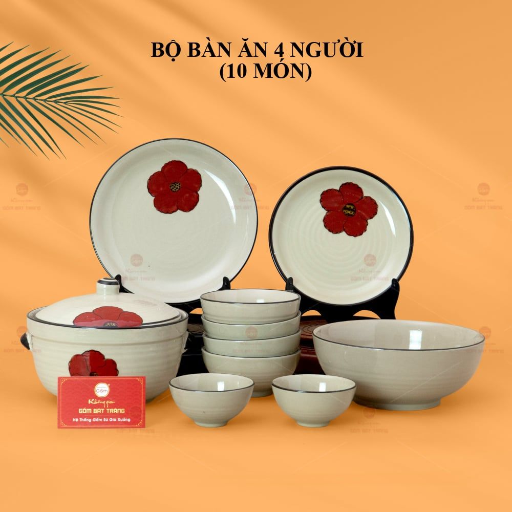 Bộ Bàn Ăn 4 Người (10 món) Men Hoả Biến Hoa Sứ Đỏ