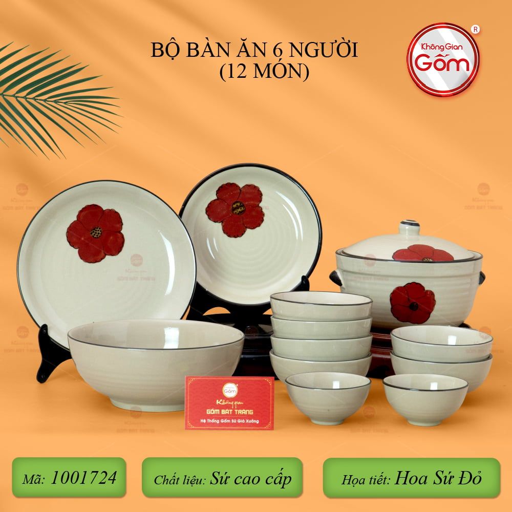 Bộ Bát Đĩa Bát Tràng Hoa Sứ Đỏ