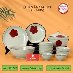 Bộ Bát Đĩa Bát Tràng Hoa Sứ Đỏ