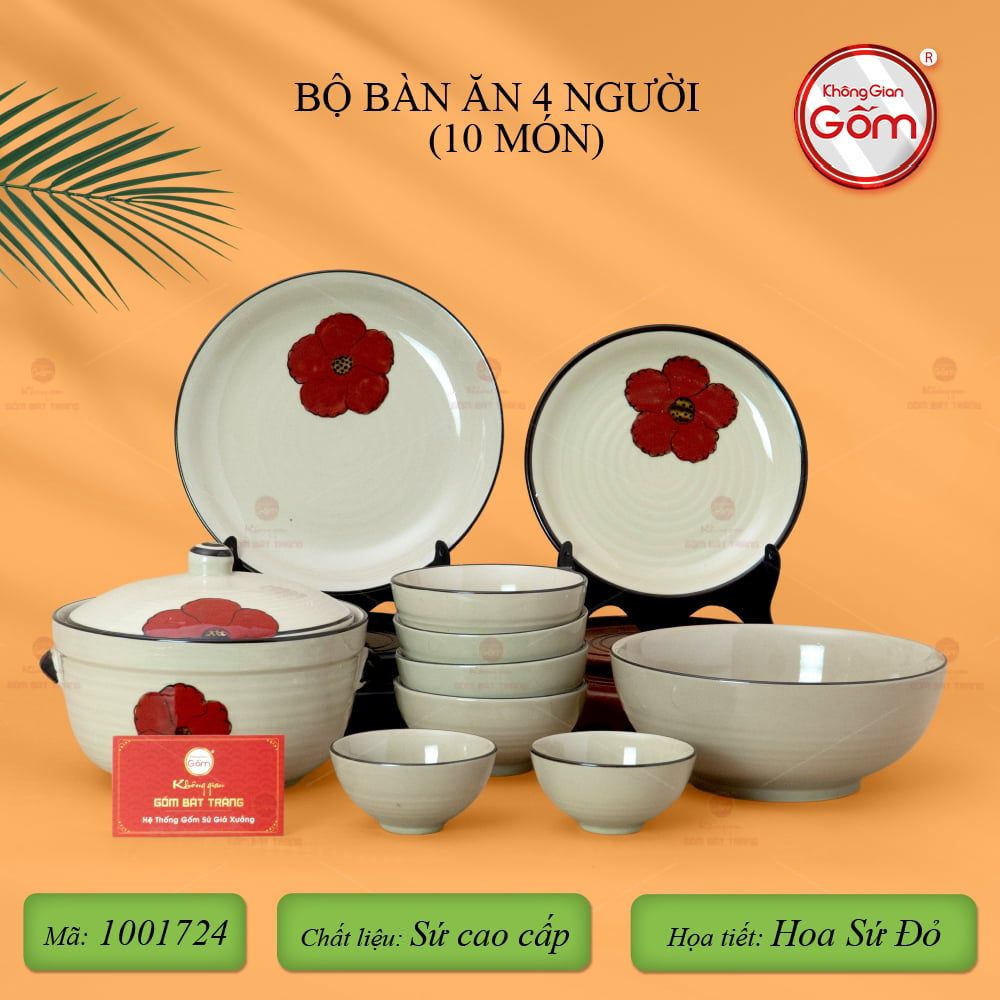 Bộ Bát Đĩa Bát Tràng Hoa Sứ Đỏ