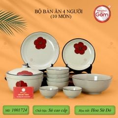 Bộ Bát Đĩa Bát Tràng Hoa Sứ Đỏ