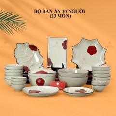 Bộ Bát Đĩa Bát Tràng Hoa Sứ Đỏ