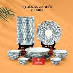 Bộ Bàn Ăn 4 Người (10 món) Men Trắng Vẽ Cá Đàn