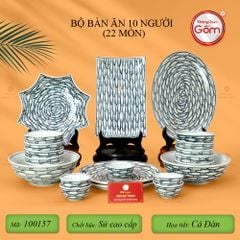 Bộ Bàn Ăn 10 Người (22 món) Men Trắng Vẽ Cá Đàn