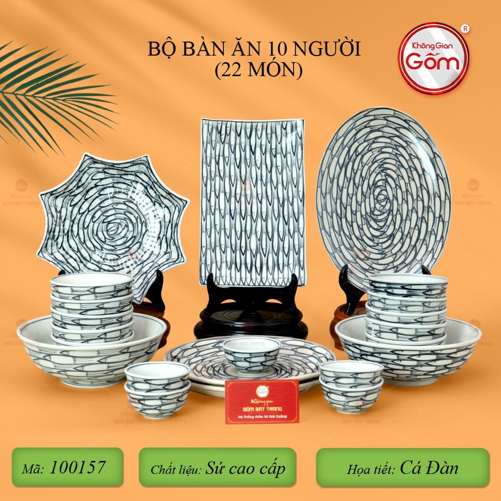 Bộ Bát Đĩa Bát Tràng Men Trắng Vẽ Cá Đàn