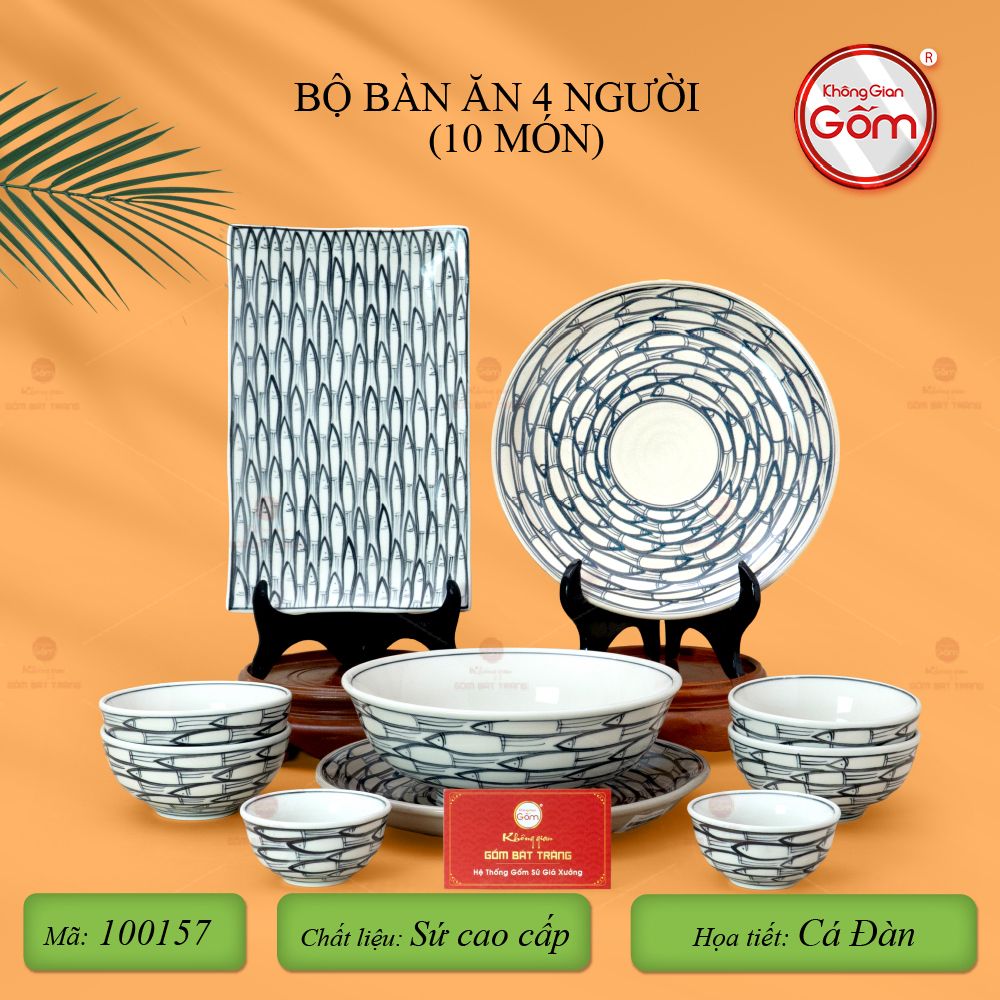Bộ Bàn Ăn 4 Người (10 món) Men Trắng Vẽ Cá Đàn