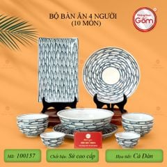 Bộ Bàn Ăn 4 Người (10 món) Men Trắng Vẽ Cá Đàn