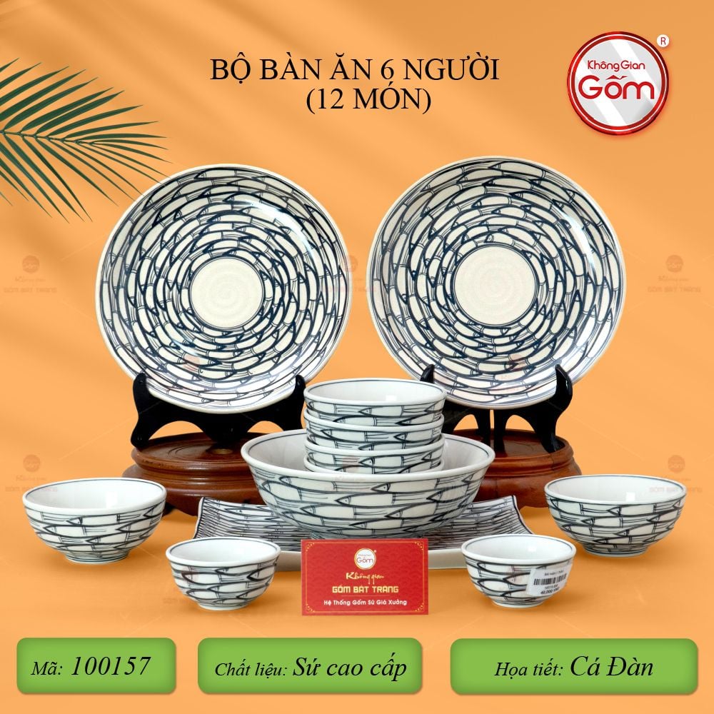 Bộ Bàn Ăn 6 Người (12 món) Men Trắng Vẽ Cá Đàn