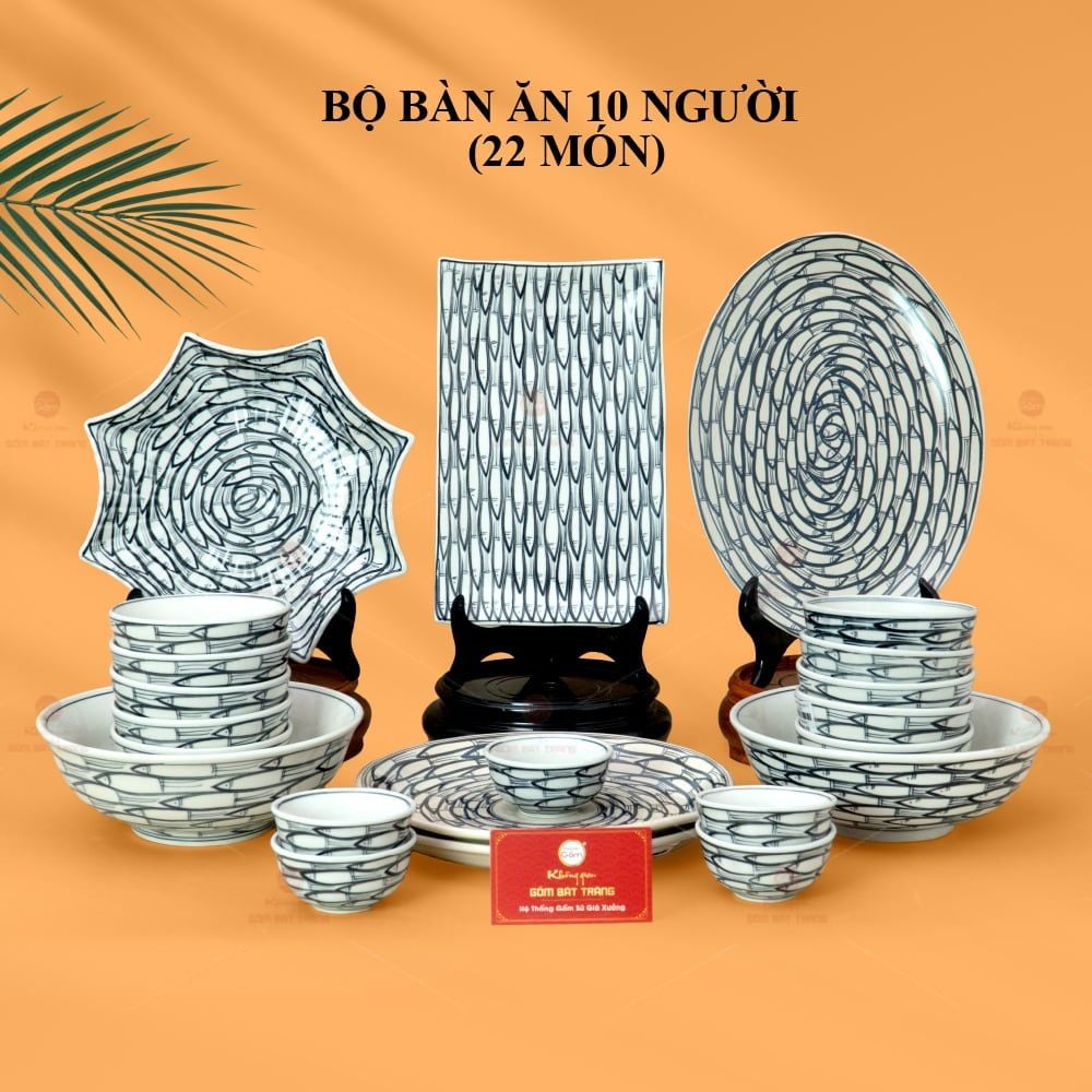 Bộ Bát Đĩa Bát Tràng Men Trắng Vẽ Cá Đàn