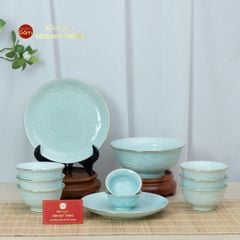 Bộ Bát Đĩa Men Xanh Ngọc Hoa Cúc Kẻ Vàng