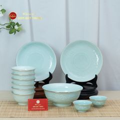 Bộ Bát Đĩa Men Xanh Ngọc Hoa Cúc Kẻ Vàng