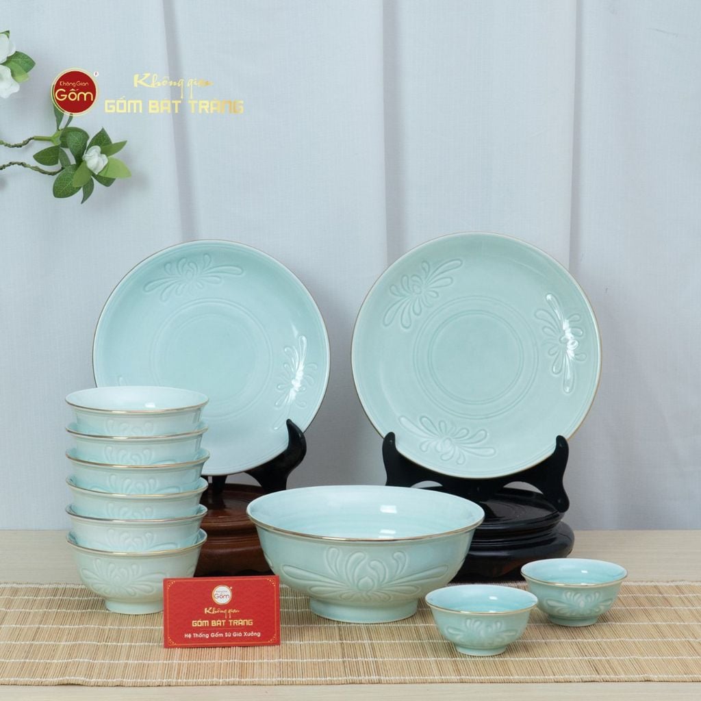 Bộ Bàn Ăn 6 Người (11 Món) Men Ngọc Vân Hoa Cúc Kẻ Vàng