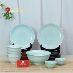 Bộ Bát Đĩa Men Xanh Ngọc Hoa Cúc Kẻ Vàng