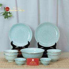 Bộ Bát Đĩa Men Xanh Ngọc Hoa Cúc Kẻ Vàng