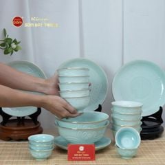 Bộ Bàn Ăn 10 Người (21 Món) Men Ngọc Vân Hoa Cúc Kẻ Vàng