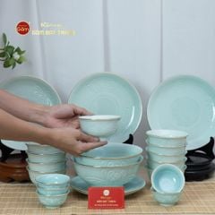 Bộ Bàn Ăn 4 Người (9 Món) Men Ngọc Vân Hoa Cúc Kẻ Vàng