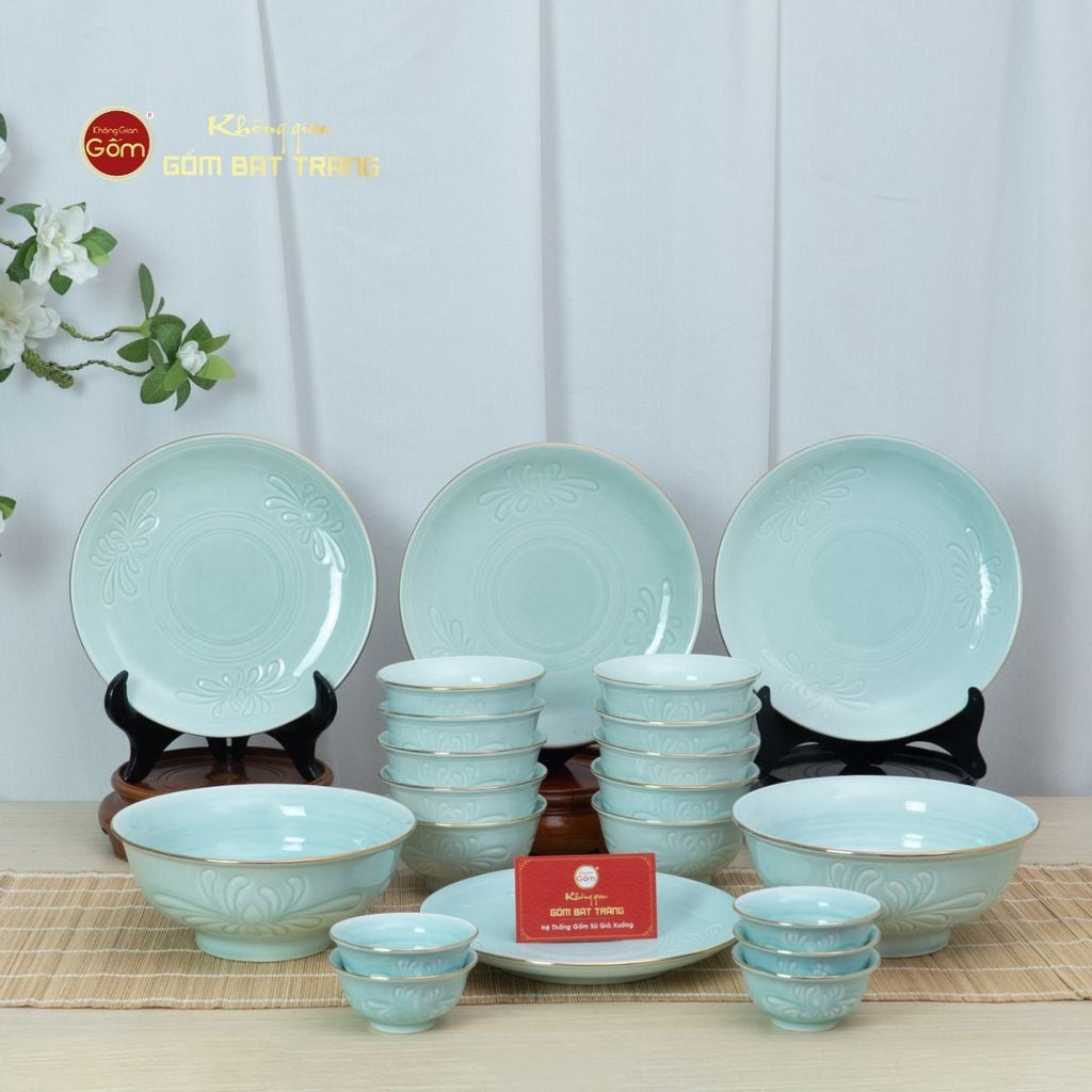 Bộ Bàn Ăn 10 Người (21 Món) Men Ngọc Vân Hoa Cúc Kẻ Vàng