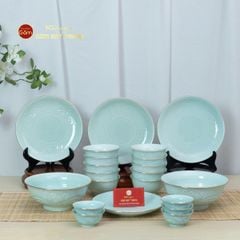 Bộ Bàn Ăn 10 Người (21 Món) Men Ngọc Vân Hoa Cúc Kẻ Vàng