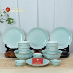 Bộ Bát Đĩa Men Xanh Ngọc Hoa Cúc Kẻ Vàng
