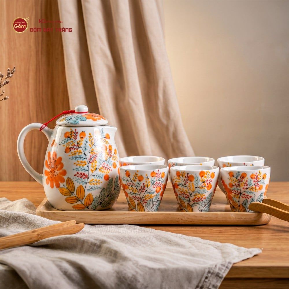 Bộ Bình Nước Dáng Bầu Vẽ Hoa Lựu