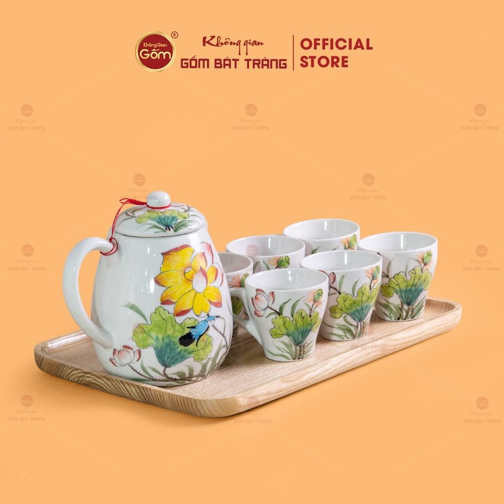 Bộ Bình Nước Dáng Bầu Vẽ Hoa Sen