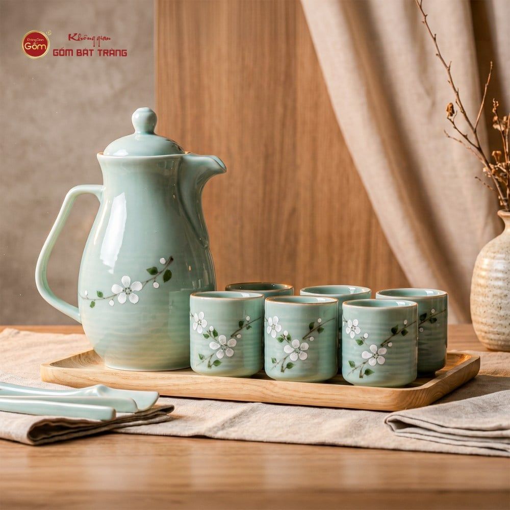 Bộ Bình Nước Dáng Ống Vẽ Hoa Đào Trắng