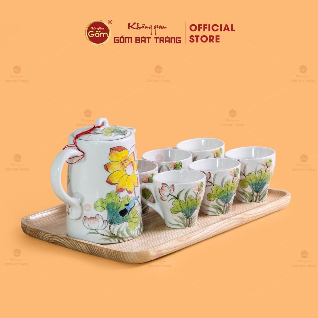 Bộ Bình Nước Dáng Ống Vẽ Hoa Sen