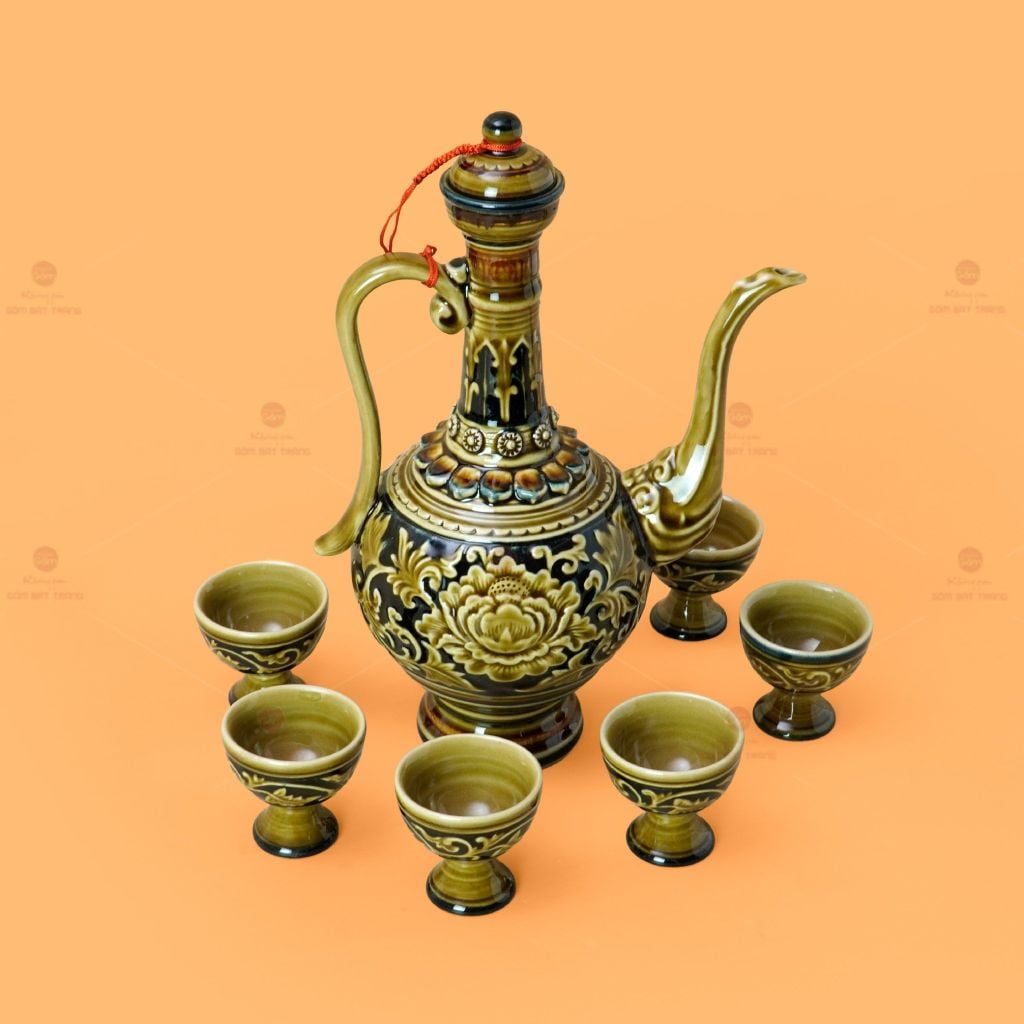 Bộ Bình Rượu Khắc Nổi Hoa Phù Dung Nền Đen