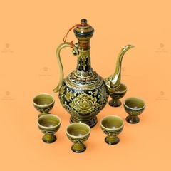 Bộ Bình Rượu Khắc Nổi Hoa Phù Dung Nền Đen