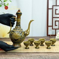 Bộ Bình Rượu Khắc Nổi Hoa Phù Dung Nền Đen