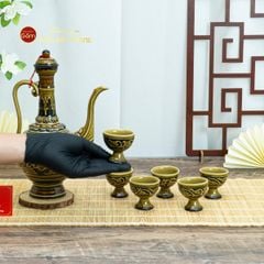 Bộ Bình Rượu Khắc Nổi Hoa Phù Dung Nền Đen