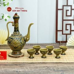 Bộ Bình Rượu Khắc Nổi Hoa Phù Dung Nền Đen