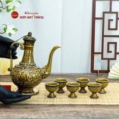 Bộ Bình Rượu Khắc Nổi Hoa Sen Nền Cổ