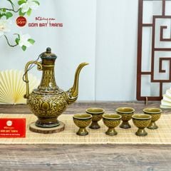 Bộ Bình Rượu Khắc Nổi Hoa Sen Nền Cổ