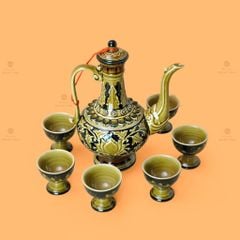 Bộ Bình Rượu Khắc Nổi Hoa Sen Nền Đen