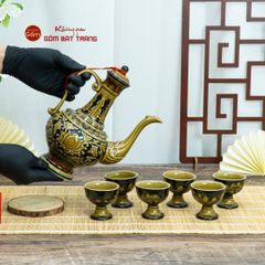 Bộ Bình Rượu Khắc Nổi Hoa Sen Nền Đen