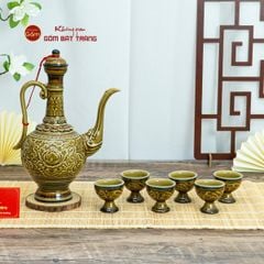 Bộ Bình Rượu Khắc Nổi Hoa Sen Nền Vàng