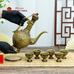 Bộ Bình Rượu Khắc Nổi Hoa Sen Nền Vàng