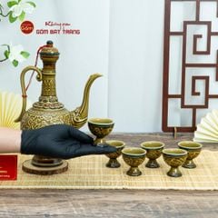 Bộ Bình Rượu Khắc Nổi Hoa Sen Nền Vàng