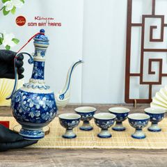 Bộ Bình Rượu Men Lam Vẽ Tay Hoa Lá Dây